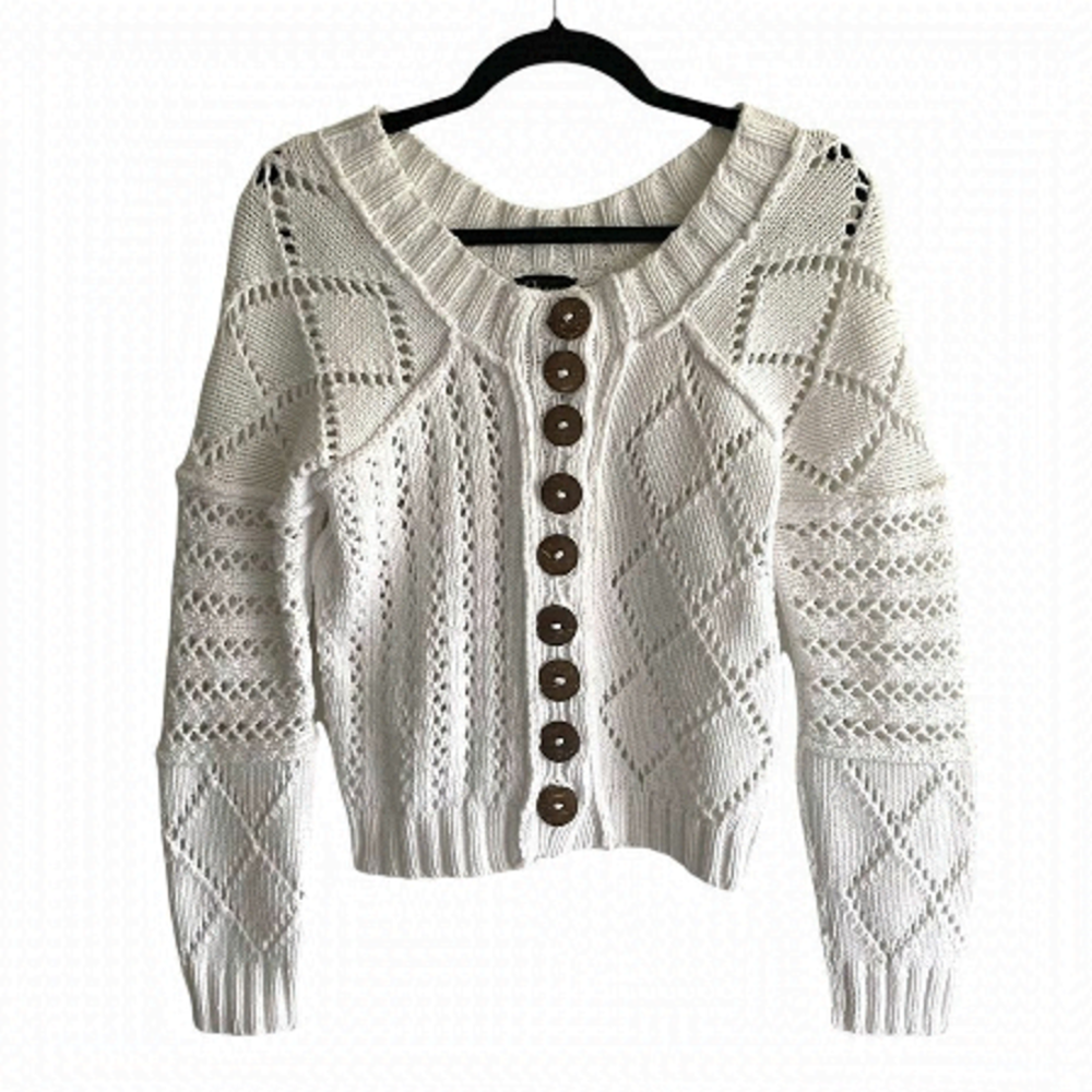 Pure HANDKNIT White Button Front Long Sleeve Cotton Cardigan Sweater XS/S